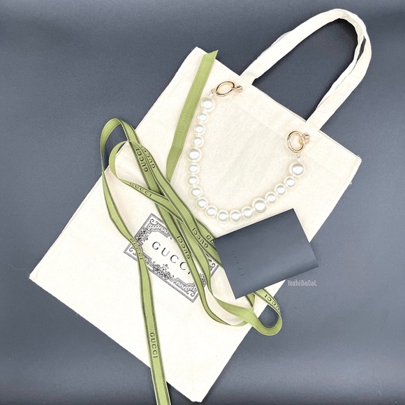 🆕 Gucci Canvas Shopping Tote Bag w/Accent Handle & Ribbon, New Handbag Purse - Picture 5 of 13